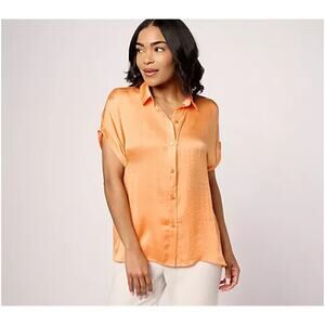 Dennis Basso Woven Camp Shirt Rolled Sleeves Tangerine,M A686953